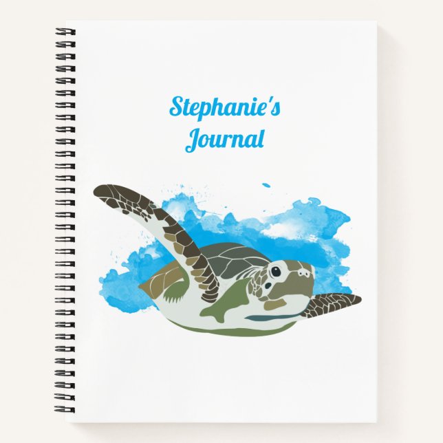 Personalised Sea Turtle Swimming in Watercolor Notebook (Front)