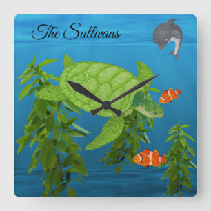 Personalised Sea Turtle Under The Sea Square Wall Clock