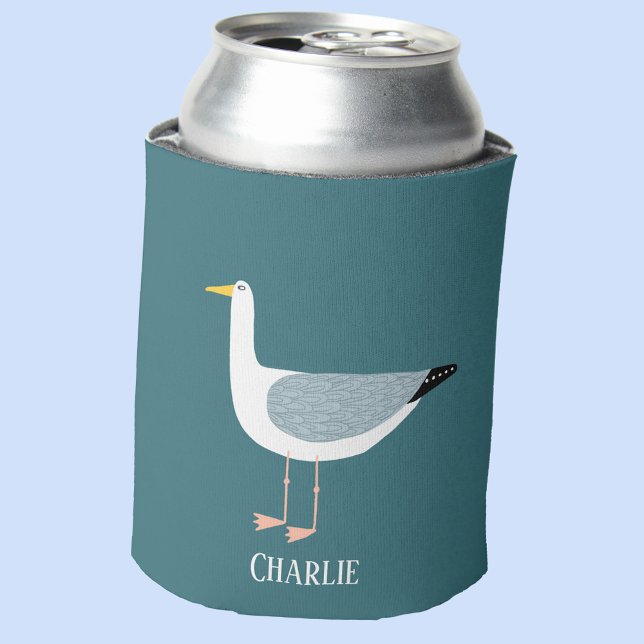 Personalised Seagull Fun Can Cooler (Personalized name seagull teal green can cooler)