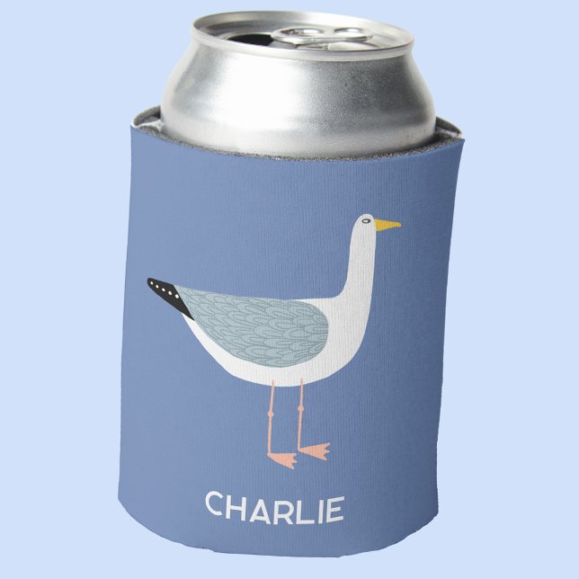 Personalised Seagull Fun Can Cooler (Personalized name seagull blue can cooler)