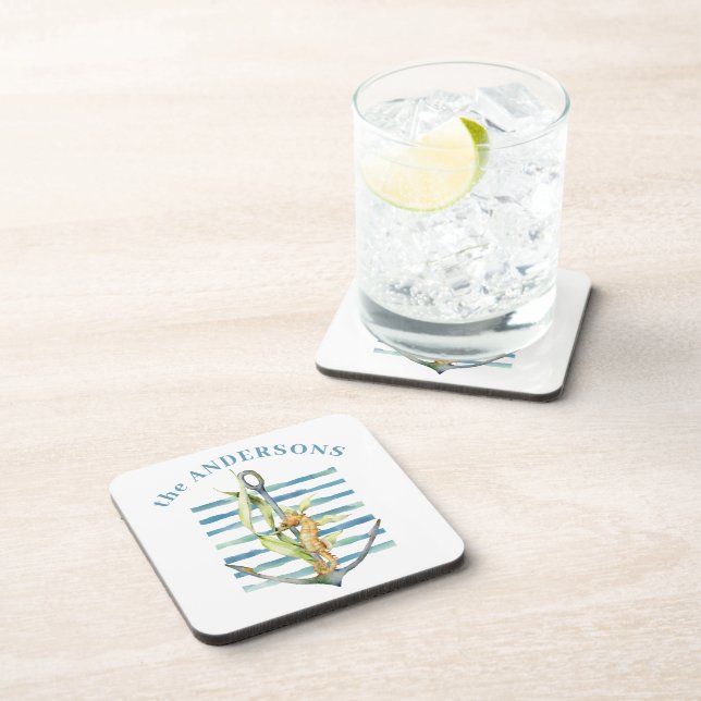 Personalised Seahorse with Anchor Coastal Theme Coaster (Right Side)
