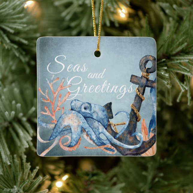 Personalised Seas and Greetings Octopus Beach Ceramic Ornament (Tree)