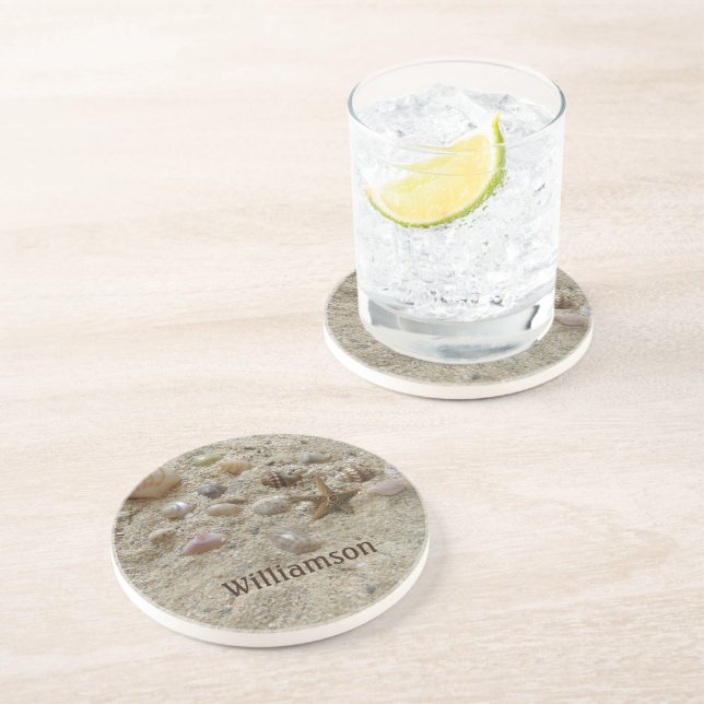 Personalised Seashells Beach Coastal Sandstone Coaster (Side)