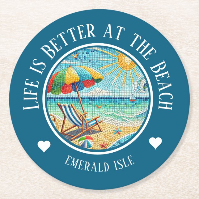 Personalised Seashore Beach Umbrella  Round Paper Coaster (Front)