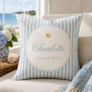 Personalised Seaside Beach Coastal Ticking Stripe Cushion