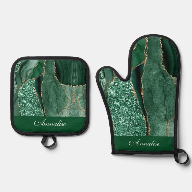Personalised Sequin Green Agate Oven Mitt & Pot Holder Set (Front)