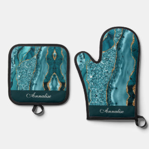 Personalised Sequin Teal Blue Agate Oven Mitt & Pot Holder Set