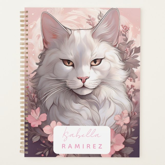 Personalised Serene White Cat Planner with Name (Front)