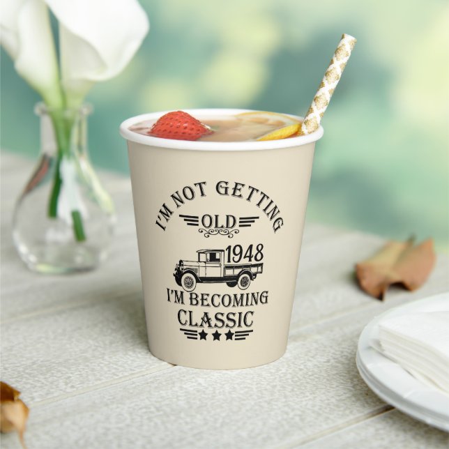 Personalised seventy five vintage 75th birthday paper cups (Insitu)