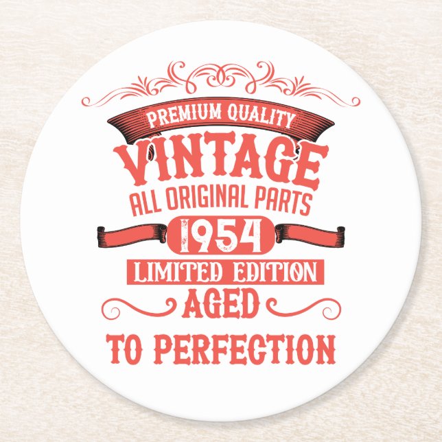 Personalised seventy vintage 70th birthday party round paper coaster (Front)