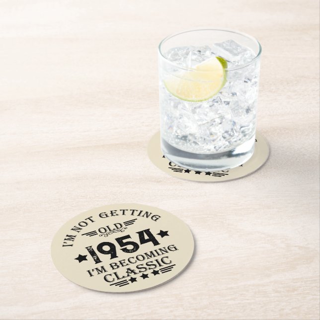 Personalised seventy vintage 70th birthday party round paper coaster (Insitu)
