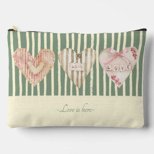 Personalised Shabby chic heart and stripes Green Accessory Pouch