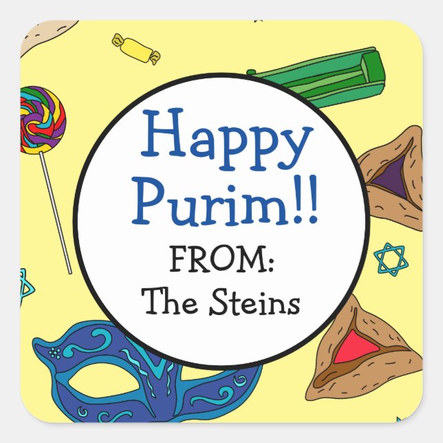 Personalised Shaloch Manot Yellow Square Sticker (Front)