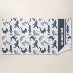 Personalised Shark Beach Towel Watercolor Sharks