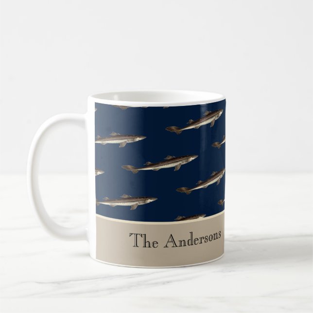 Personalised Shark  Navy Tan Sand Nautical Coffee Mug (Left)