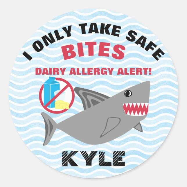Personalised Shark No Dairy Allergy Alert Labels (Front)