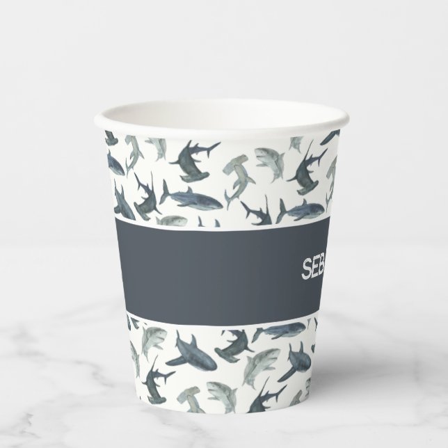 Personalised Shark Paper Cups | Watercolor Sharks (Front)