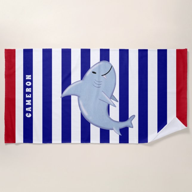 Personalised Shark White Blue Red Striped Kids Beach Towel (Front)