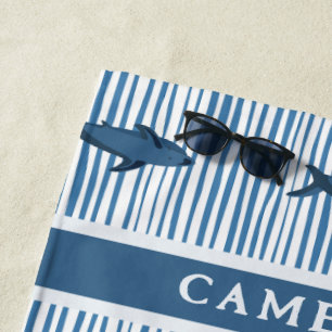 Personalised Shark White Blue Striped Kids Beach Towel