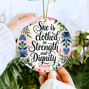 Personalised She Is Clothed in Strength Christian Ceramic Ornament