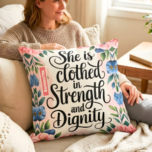 Personalised She Is Clothed in Strength Christian Cushion