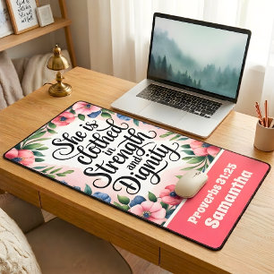 Personalised She Is Clothed in Strength Christian Desk Mat