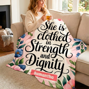 Personalised She Is Clothed in Strength Christian Fleece Blanket