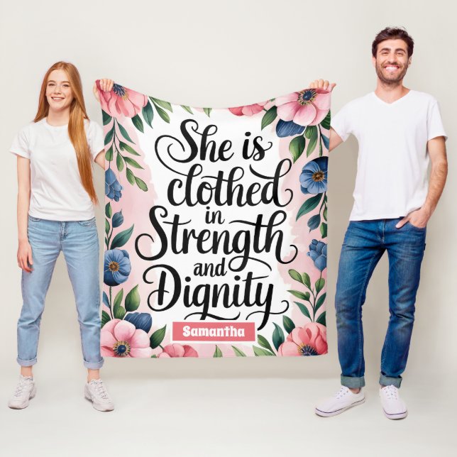 Personalised She Is Clothed in Strength Christian  Fleece Blanket (In Situ)