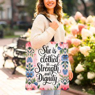 Personalised She Is Clothed in Strength Christian Tote Bag