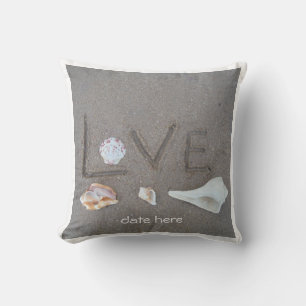 Personalised shells & 2 hearts on beach wedding cushion