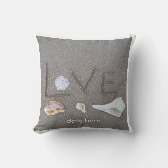 Personalised shells & 2 hearts on beach wedding cushion (Front)