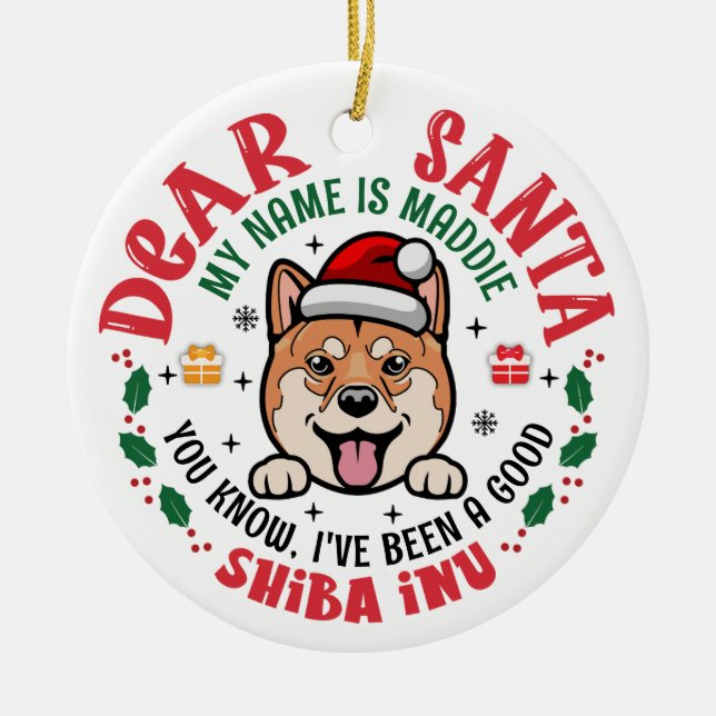 Personalised Shiba Inu Dog Christmas Tree Round Ceramic Ornament (Front)