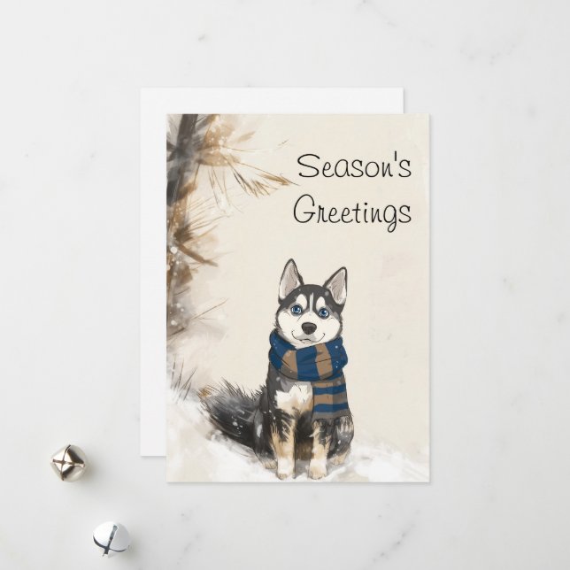 Personalised Siberian Husky Wearing a Scarf Holiday Card (Front/Back In Situ)