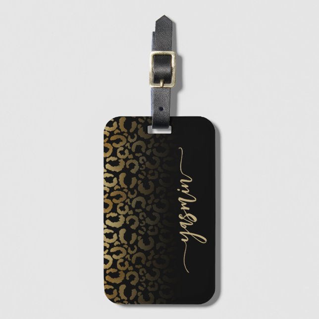 Personalised Signature Black Gold Leopard Spots Luggage Tag (Front Vertical)