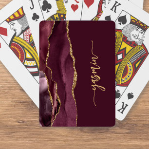 Personalised Signature Burgundy Gold Agate Playing Cards