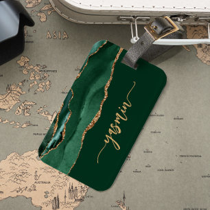 Personalised Signature Emerald Green Gold Agate Luggage Tag