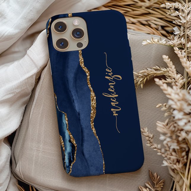 Personalised Signature Navy Blue Gold Agate Case-Mate iPhone Case (Creator Uploaded)