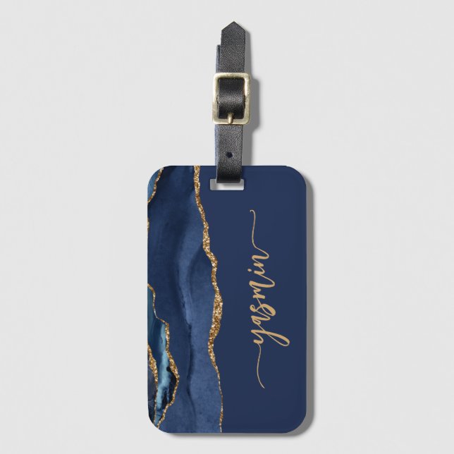 Personalised Signature Navy Blue Gold Agate Luggage Tag (Front Vertical)