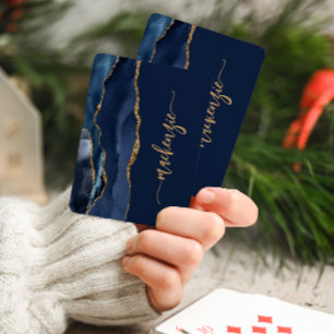 Personalised Signature Navy Blue Gold Agate Playing Cards