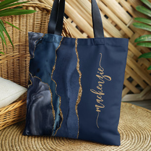 Personalised Signature Navy Blue Gold Agate Tote Bag