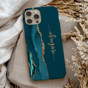 Personalised Signature Teal Blue Gold Agate iPhone 13 Pro Case