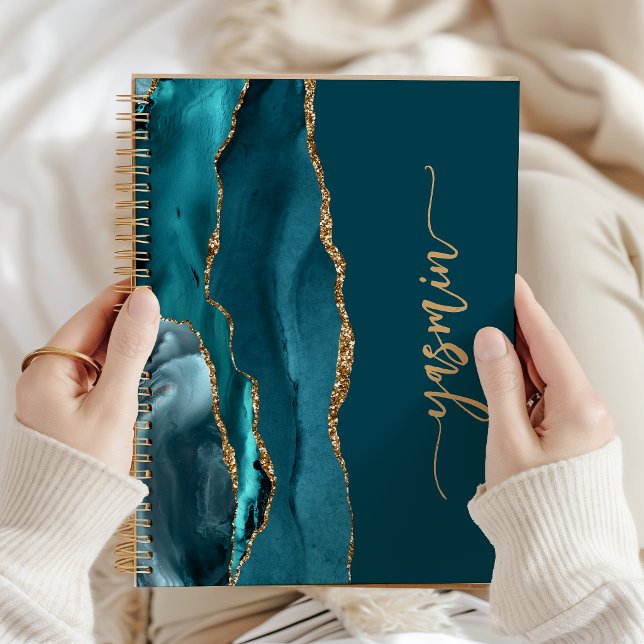 Personalised Signature Teal Blue Gold Agate Notebook (Creator Uploaded)