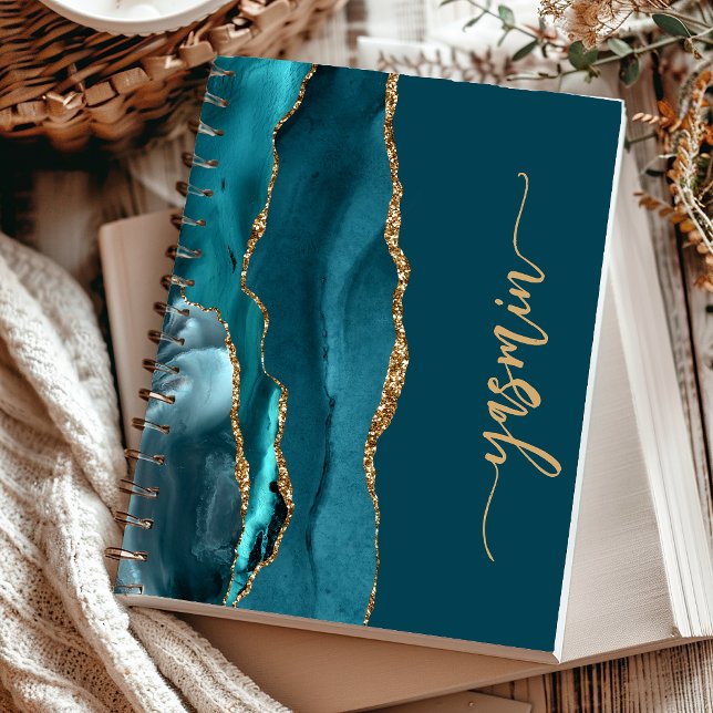Personalised Signature Teal Blue Gold Agate Notebook (Creator Uploaded)