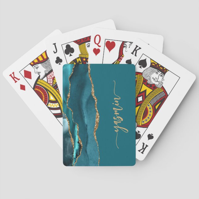 Personalised Signature Teal Blue Gold Agate Playing Cards (Back)