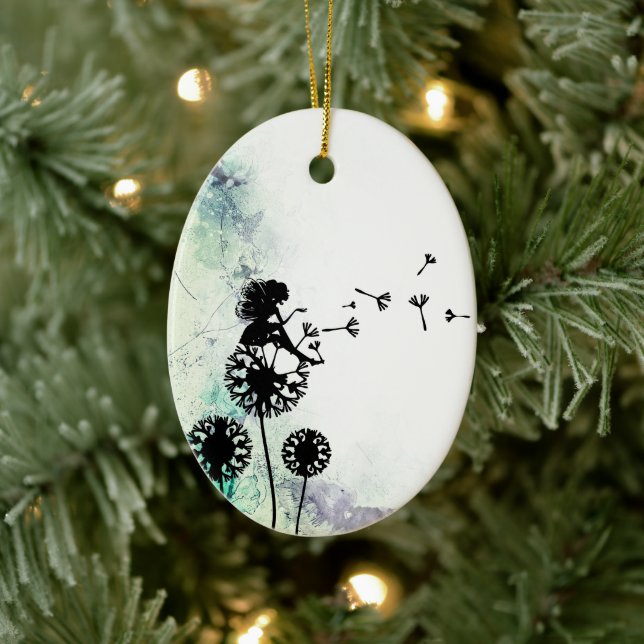 Personalised Silhouette Fairy and Dandelion Seeds Ceramic Ornament (Tree)