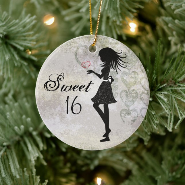 Personalised Silhouette Girl and Hearts Sweet 16 Ceramic Ornament (Tree)