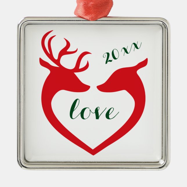 Personalised Silhouette Heart Deer Couple in Love Metal Ornament (Front)