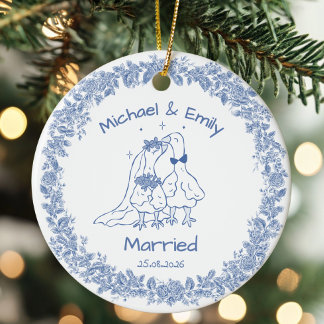 Personalised Silly Goose Married Cute Blue Wedding Ceramic Ornament