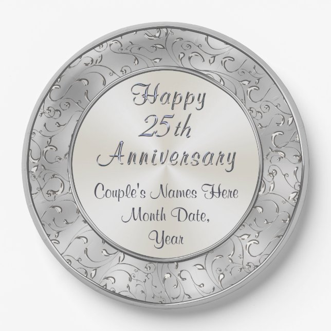 Personalised Silver 25th Anniversary Paper Plates (Front)