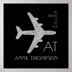 personalised silver aeroplane travel black poster